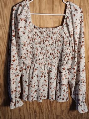 Shein Women’s White Floral Smocked Long-Sleeve Top